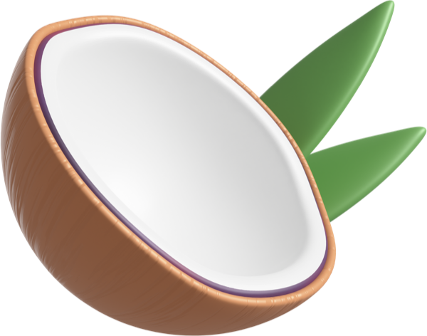 Coconut half with palm leaves