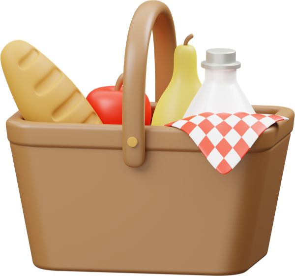 Picnic basket with bread, fruit, and milk