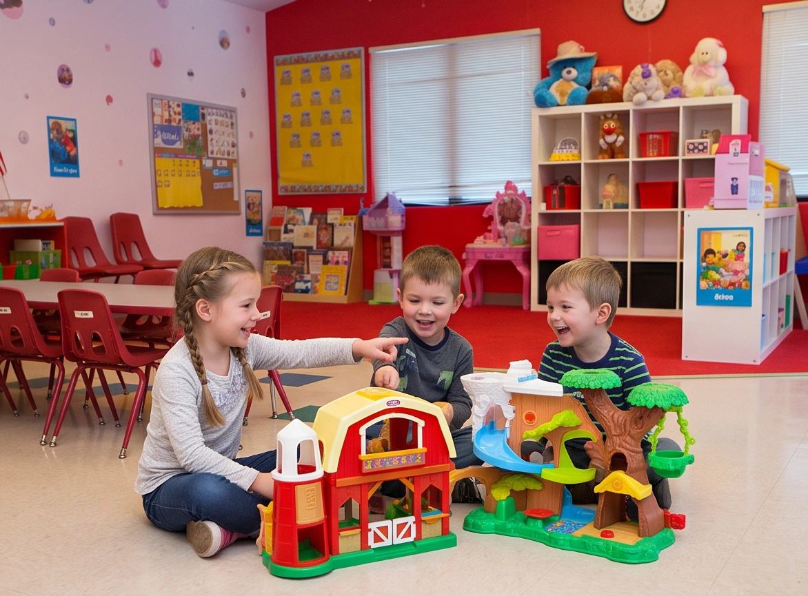 Children playing with a toy farm in a classroom