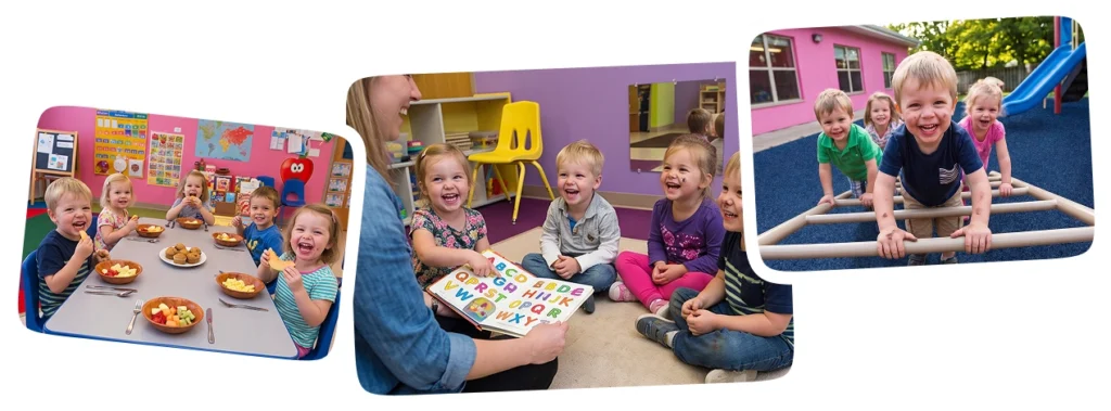Children eating, reading, and playing at ABCD Academy