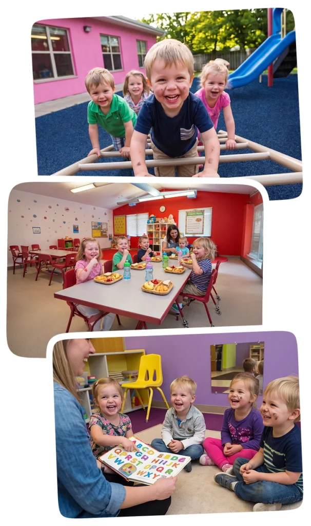 Children playing, eating, and reading at ABCD Academy
