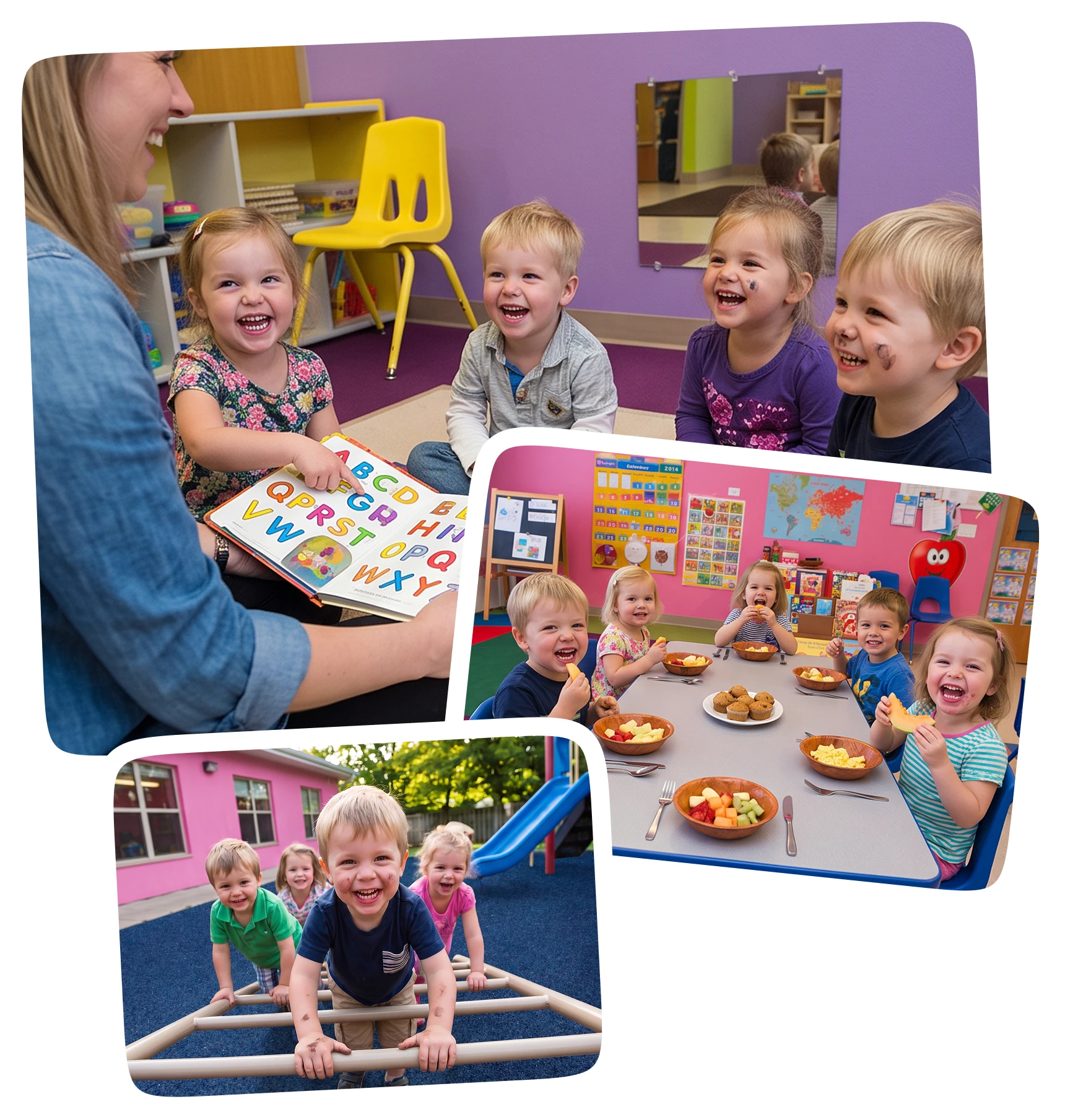 Children reading, eating together, and playing at ABCD Academy