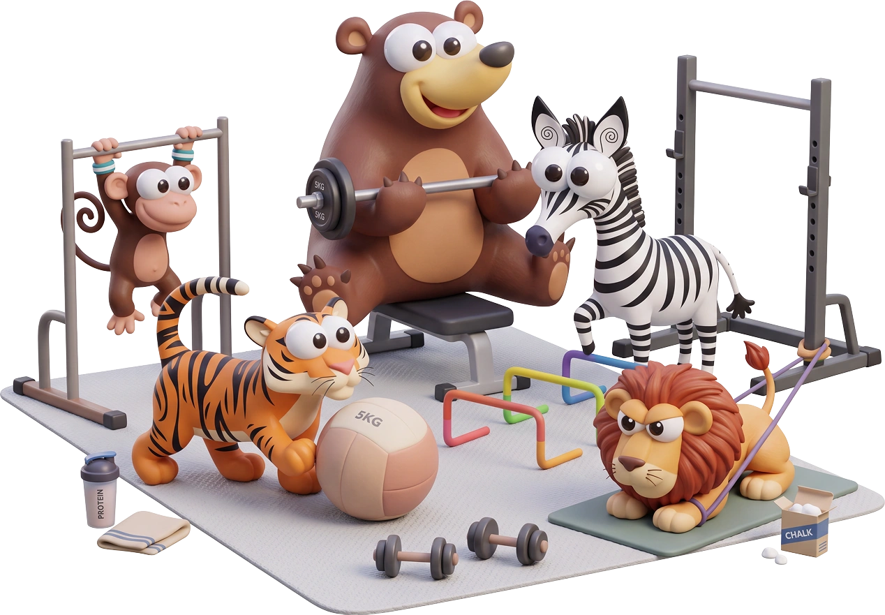 ABCD mascots exercising in a gym