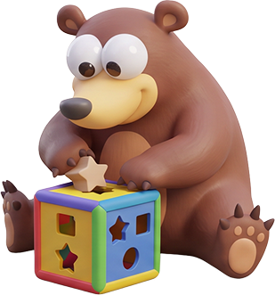 Bear cub mascot playing with a shape sorter