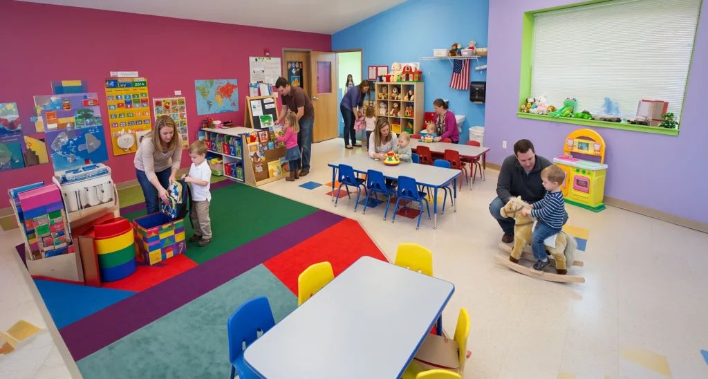 Bright classroom with children and teachers at play