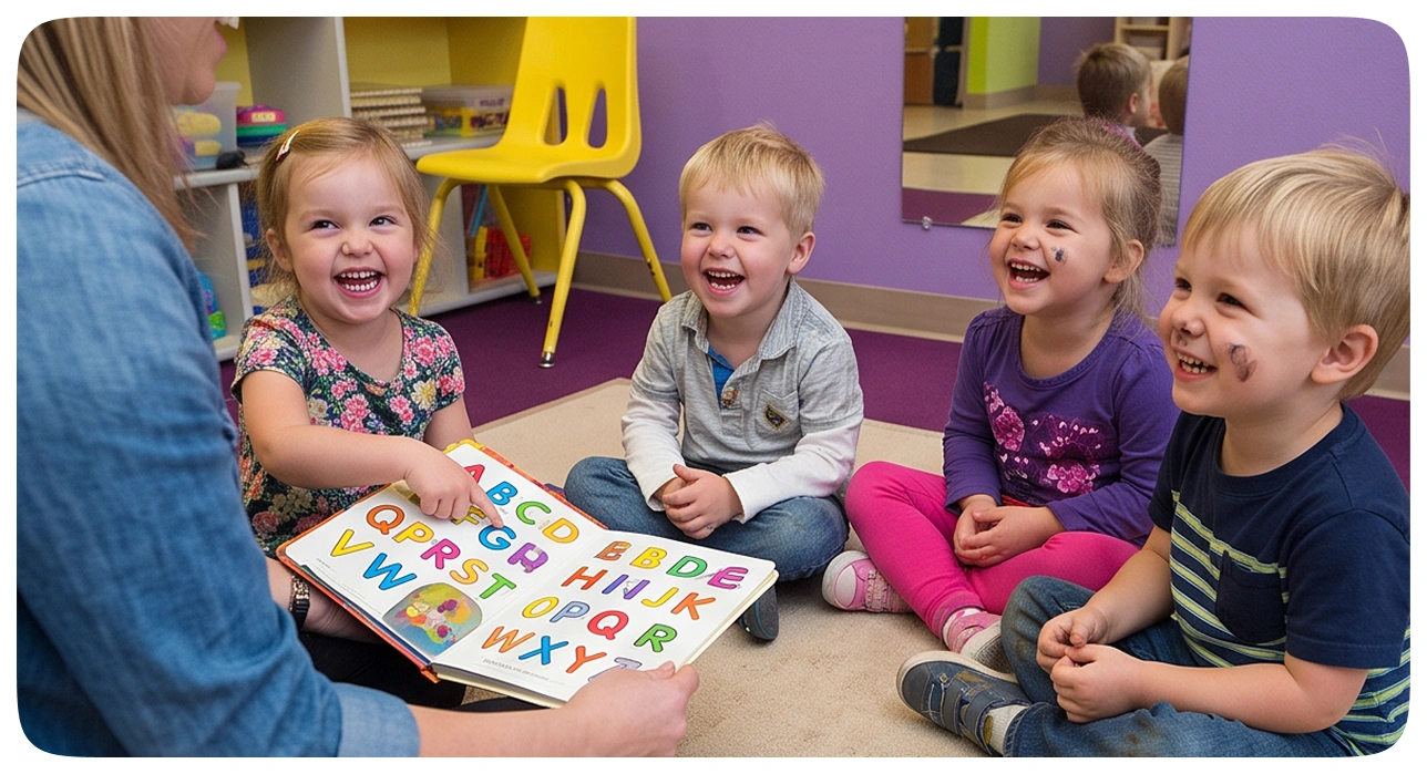 Teacher reading an alphabet book with smiling children