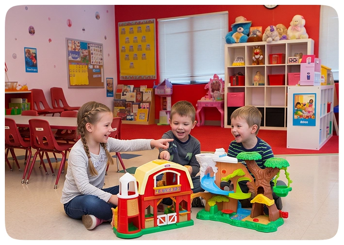 Children playing with a toy farm in a classroom