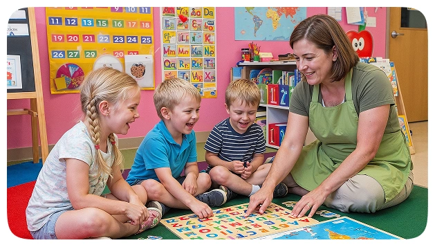 Teacher and children doing an alphabet puzzle on the floor