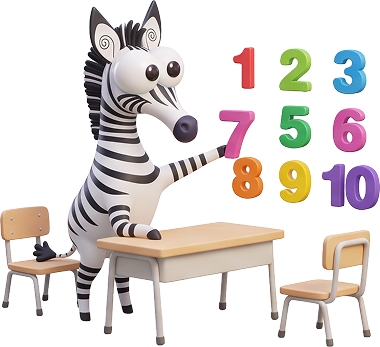 Zebra mascot counting numbers at a desk