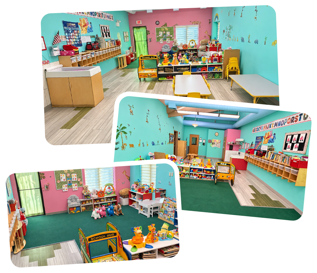 Little Monkeys classroom with turquoise and pink walls