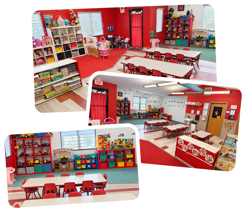 Zebras classroom with red walls and small tables